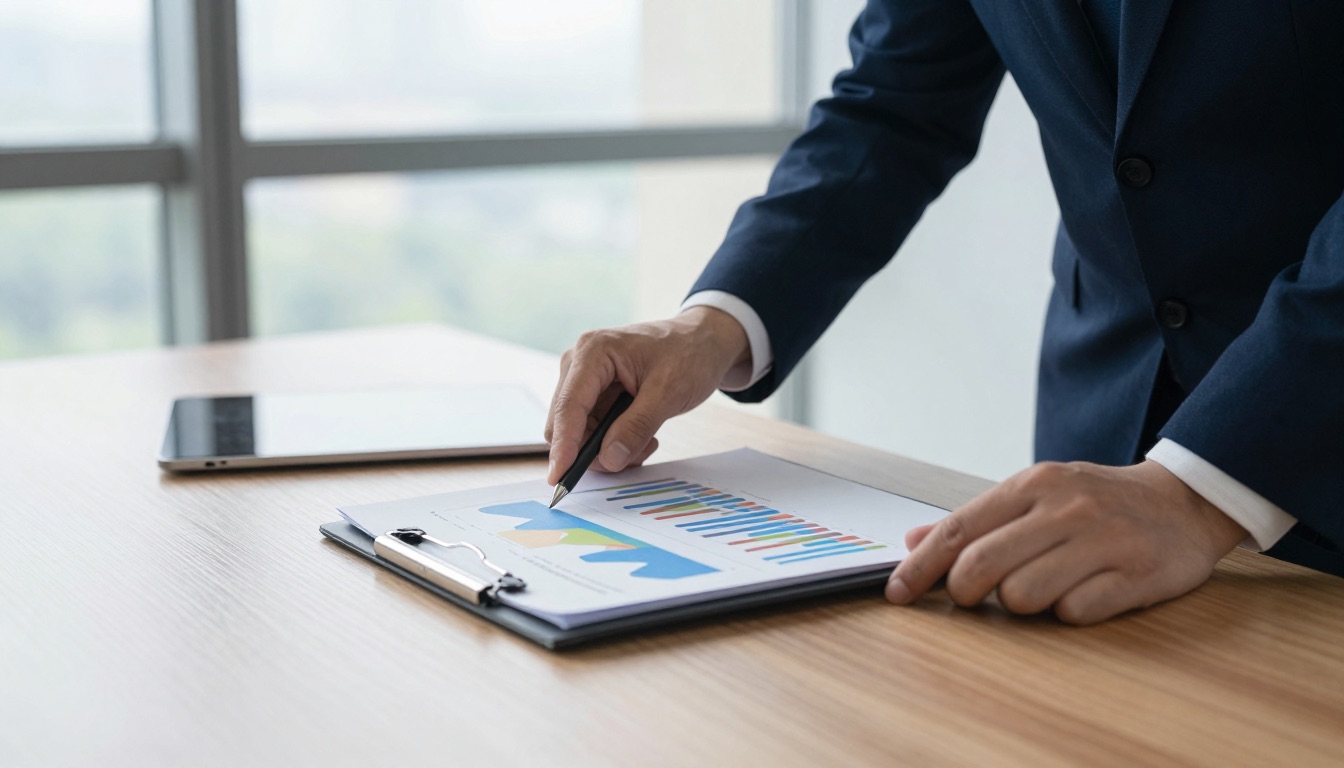 Charts and a tablet on a desk during a business review