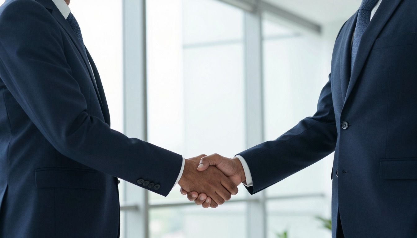 Two business people shaking hands in a bright office lobby