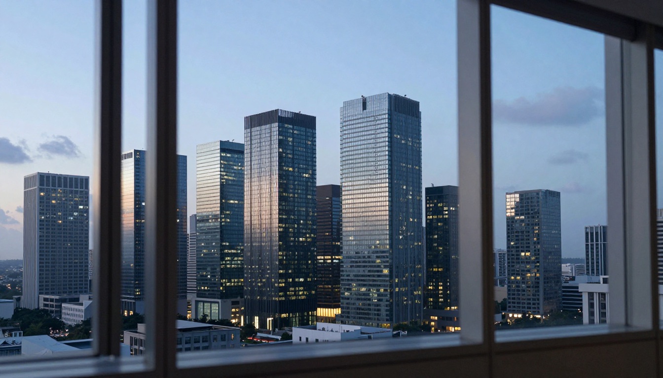 A modern business district skyline at dusk