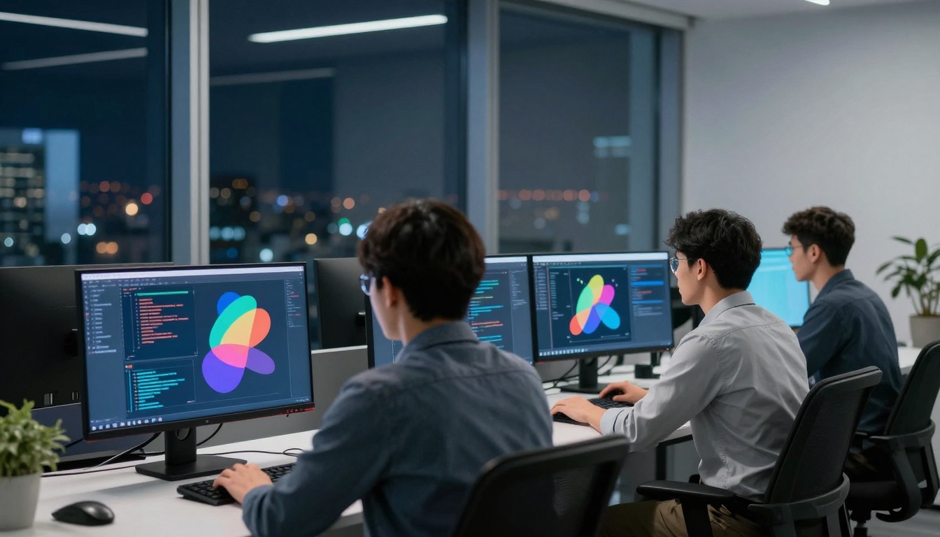 Developers working at large monitors in a modern office at night