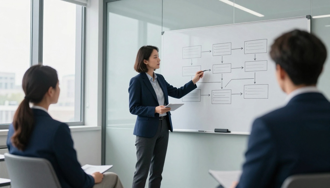 A consultant leading a workshop at a whiteboard